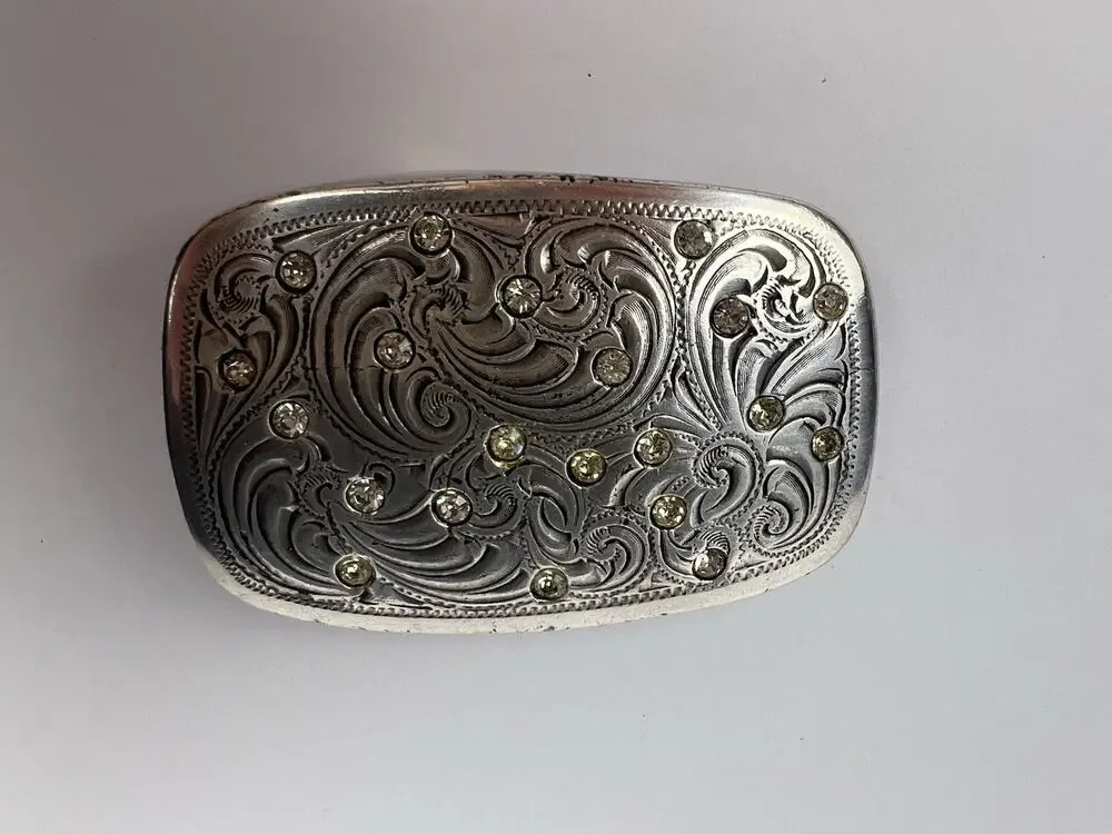Western Dress Belt Buckle Floral Scroll Rhinestone Cowgirl Vintage 80s .PCB706